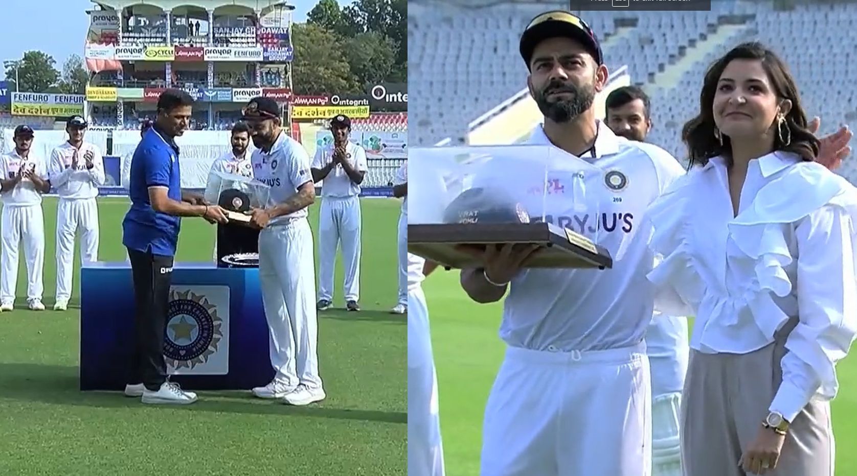 Virat Kohli received his 100th Test cap from Rahul Dravid. Pics: BCCI