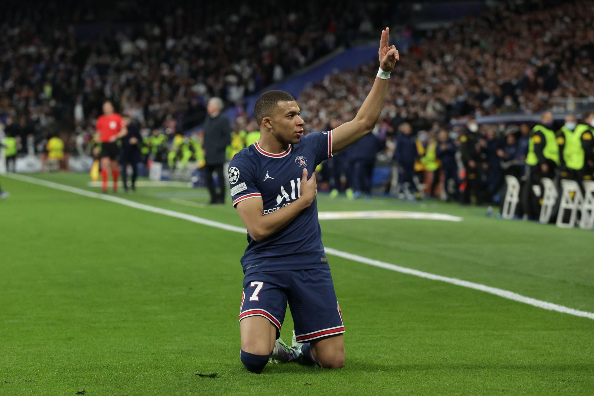 Kylian Mbappe celebrates at the Santiago Bernabeu.