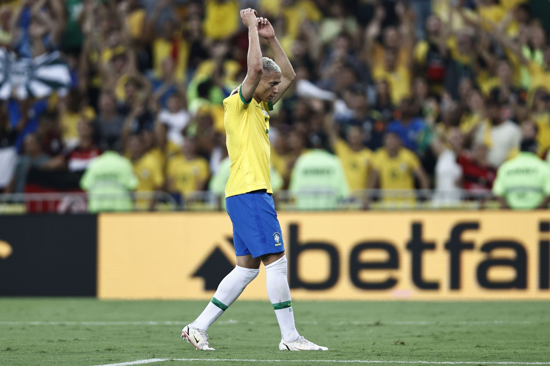 Richarlison celebrates after scoring Brazil&#039;s fourth goal against Chile.