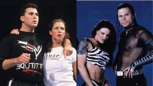 Stephanie and Shane McMahon (left) and Jeff Hardy with Lita (right)