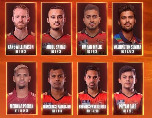 Sunrisers Hyderabad (SRH) squad members for IPL 2022. Pic: SRH