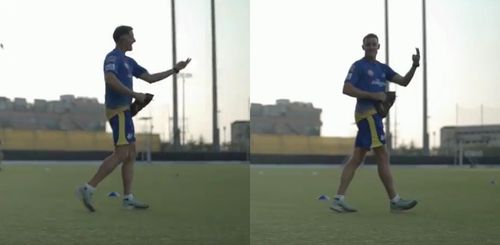 Michael Hussey trying to copy Mukesh Choudhary’s bowling action. Pic: Chennai Super Kings