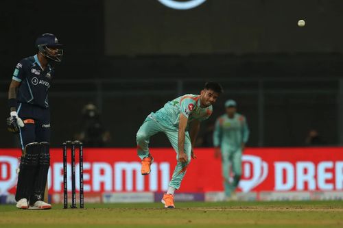 Ravi Bishnoi bowling against Gujarat. Pic: IPLT20.COM