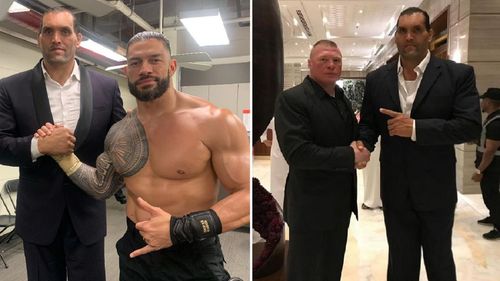 The Great Khali posing backstage with Roman Reigns and Brock Lesnar