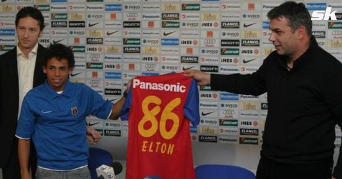 Elton being unveiled by Steaua Bucuresti after signing for the club