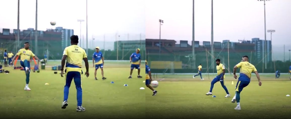 MS Dhoni playing footvolley with teammates. Pic: Chennai Super Kings/ Instagram