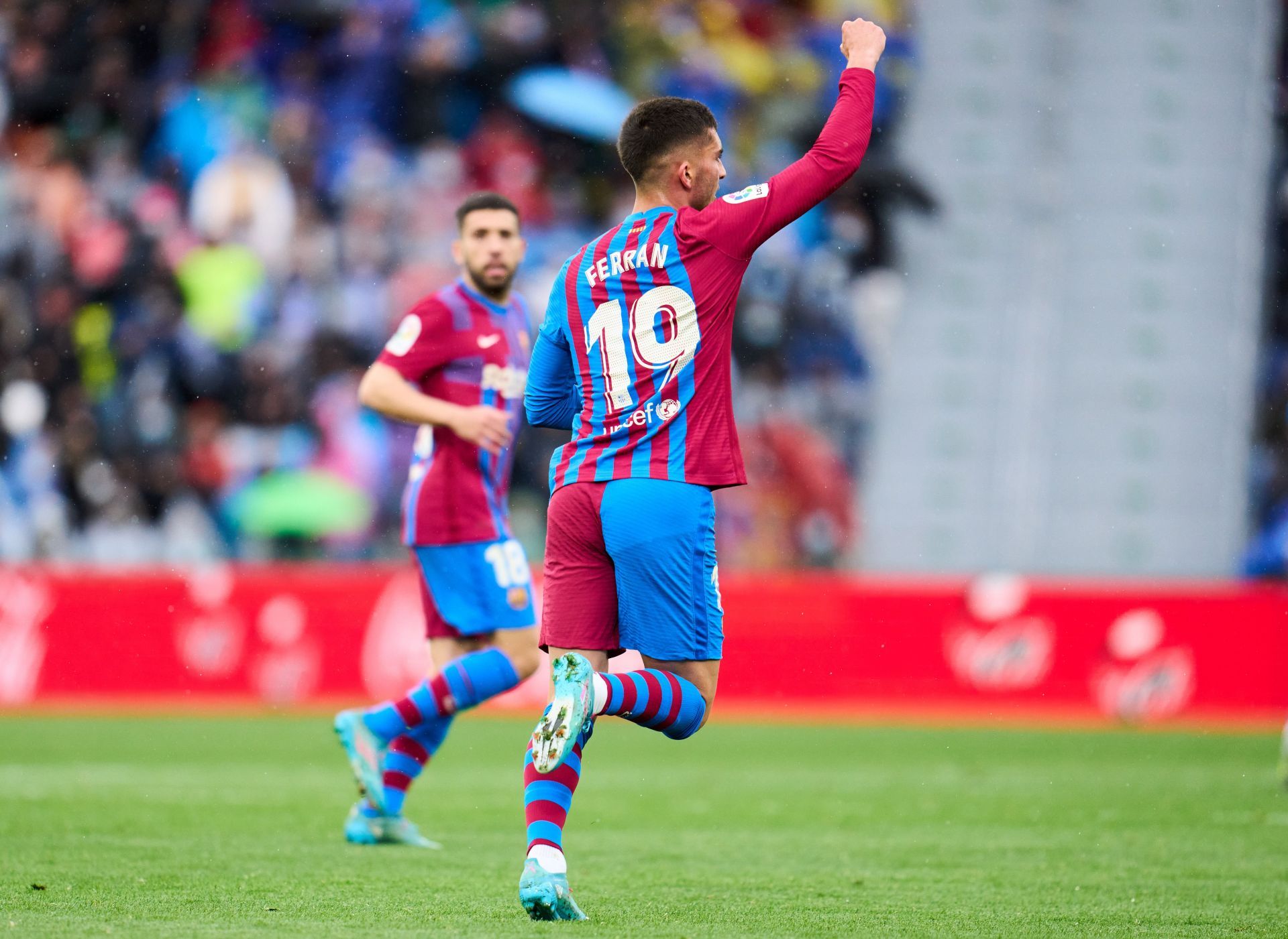 Ferran Torres celebrates after scoring a goal.