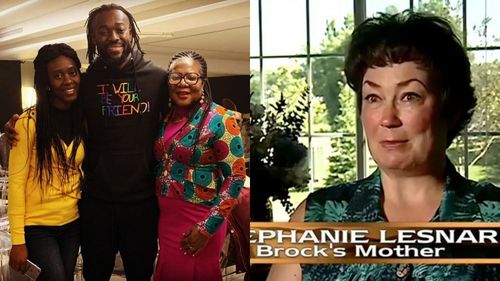 Kofi Kingston with his mother and cousin (left) and Brock Lesnar's mother (right)