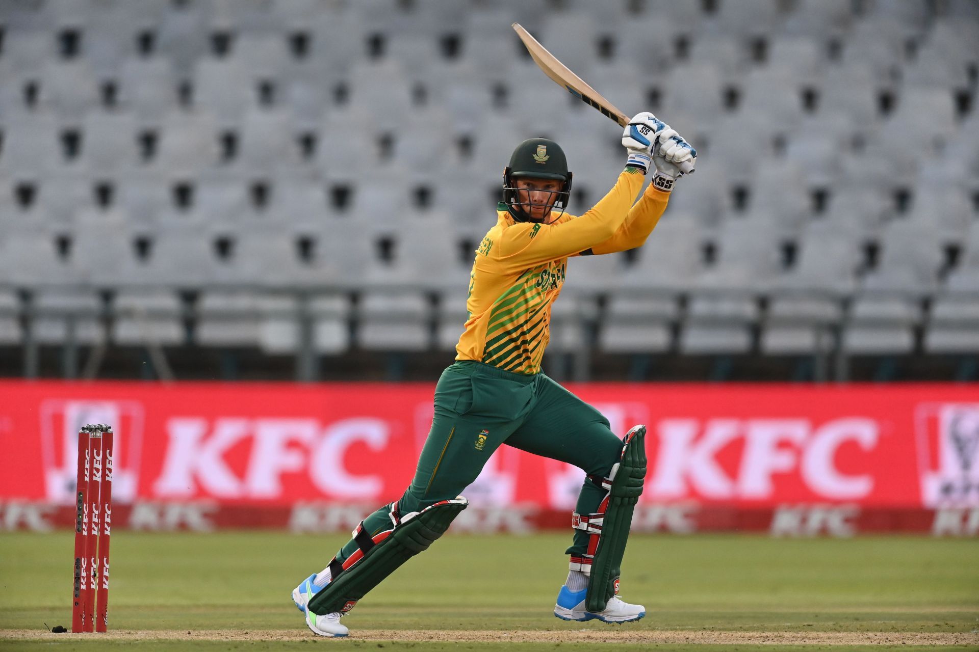 Rassie van der Dussen in action during the South Africa v England 1st T20 International in 2020