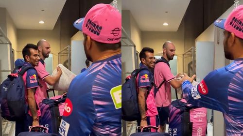 Yuzvendra Chahal smiles over "Yuzi bhai sexy" chant. Pic: RR/ Twitter