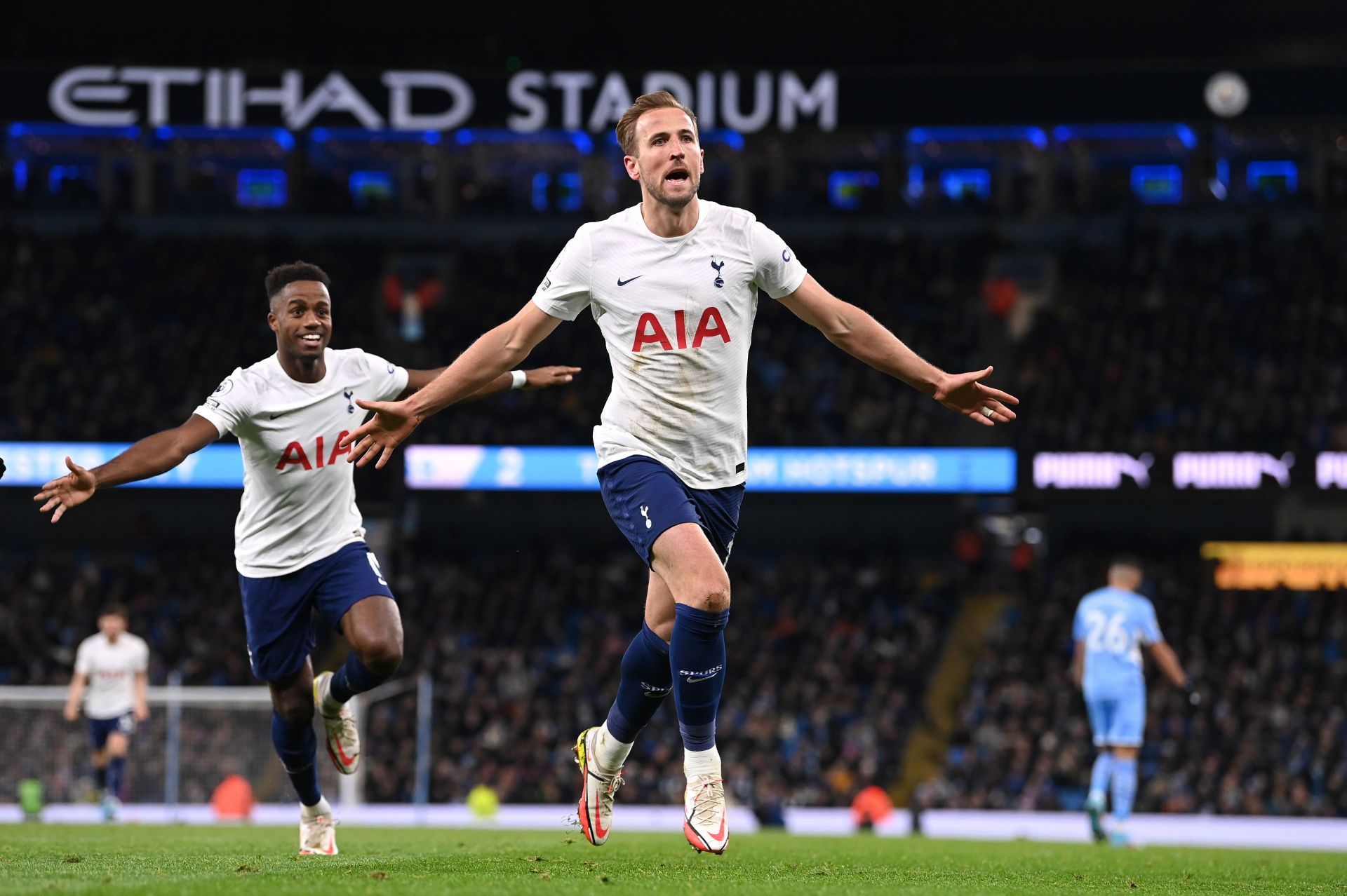 Harry Kane celebrates netting against Manchester City in the Premier League