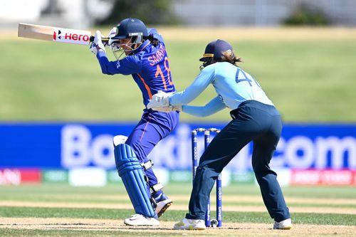 Smriti Mandhana bats during the 2022 ICC Women's Cricket World Cup match against England. Pic: Getty Images