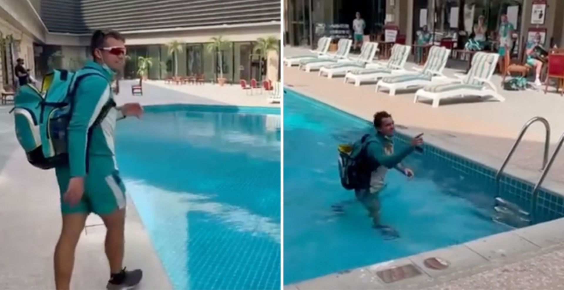Alex Carey accidentally falls into the pool (Credit: Instagram/Pat Cummins)