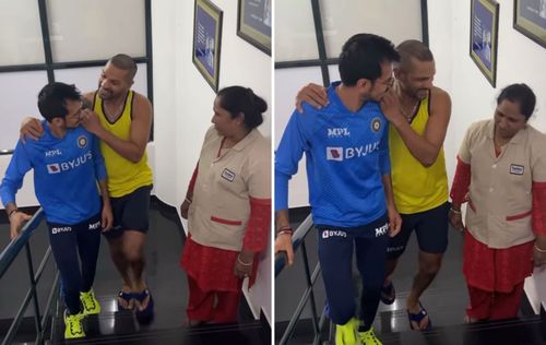 Yuzvendra Chahal and Shikhar Dhawan make a video with NCA staff member.