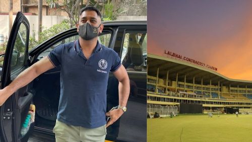 MS Dhoni arrives at CSK's camp at Lalbhai Contractor Stadium.