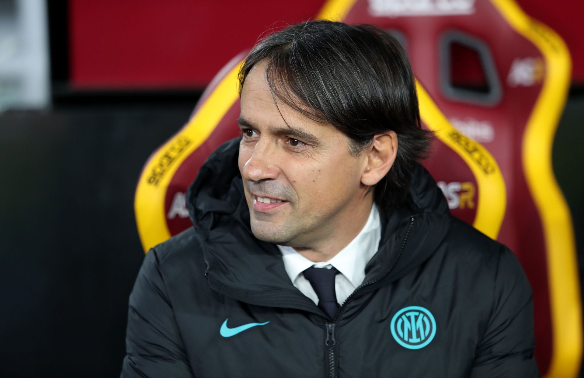 Head Coach Simone Inzaghi in the dugout for Inter Milan.