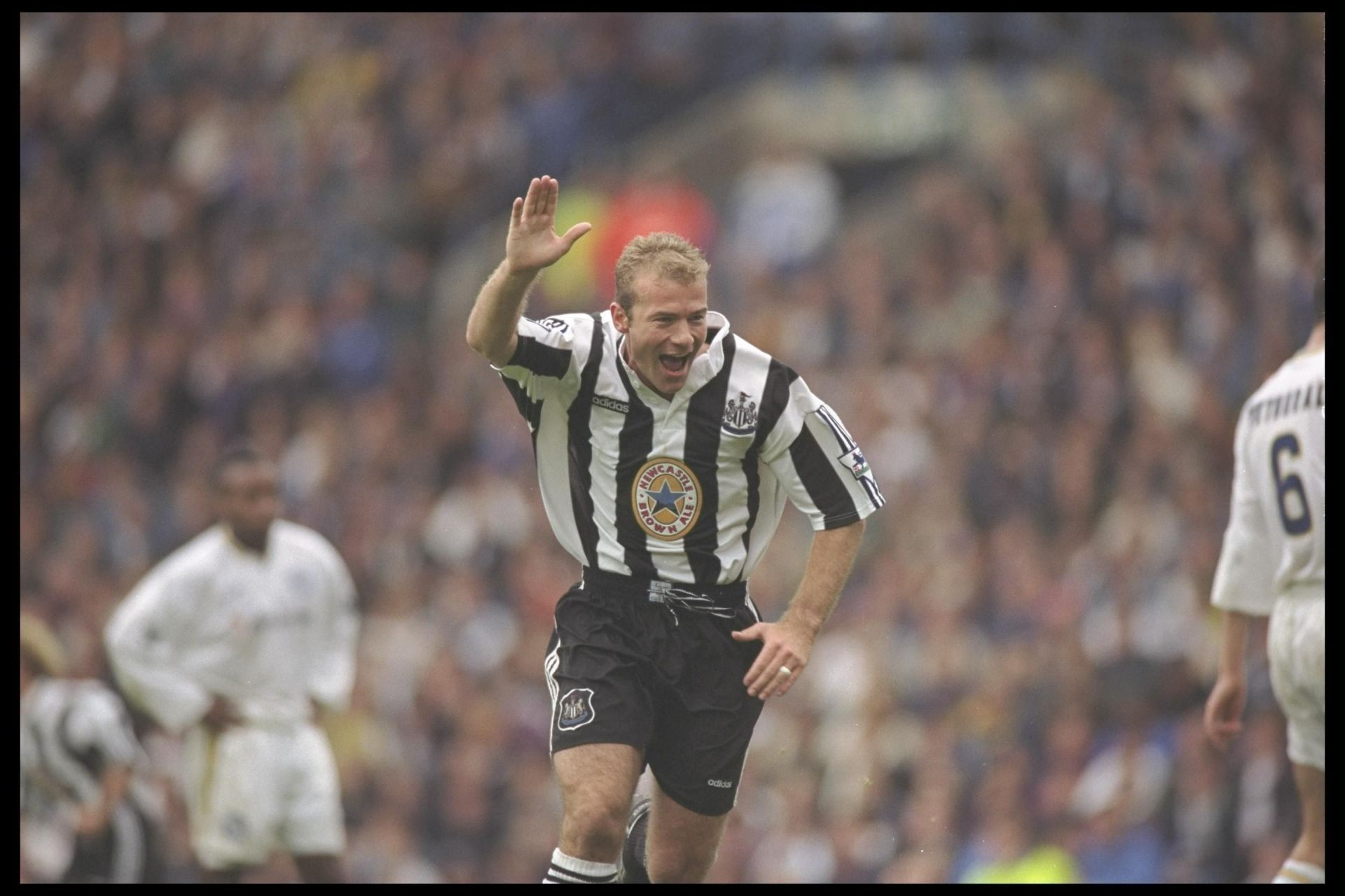 Alan Shearer of Newcastle United celebrates after scoring.
