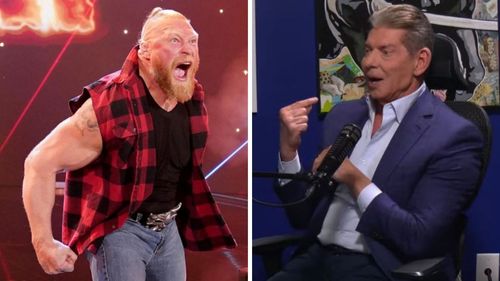 Brock Lesnar (left); Vince McMahon on the Pat McAfee show (right)