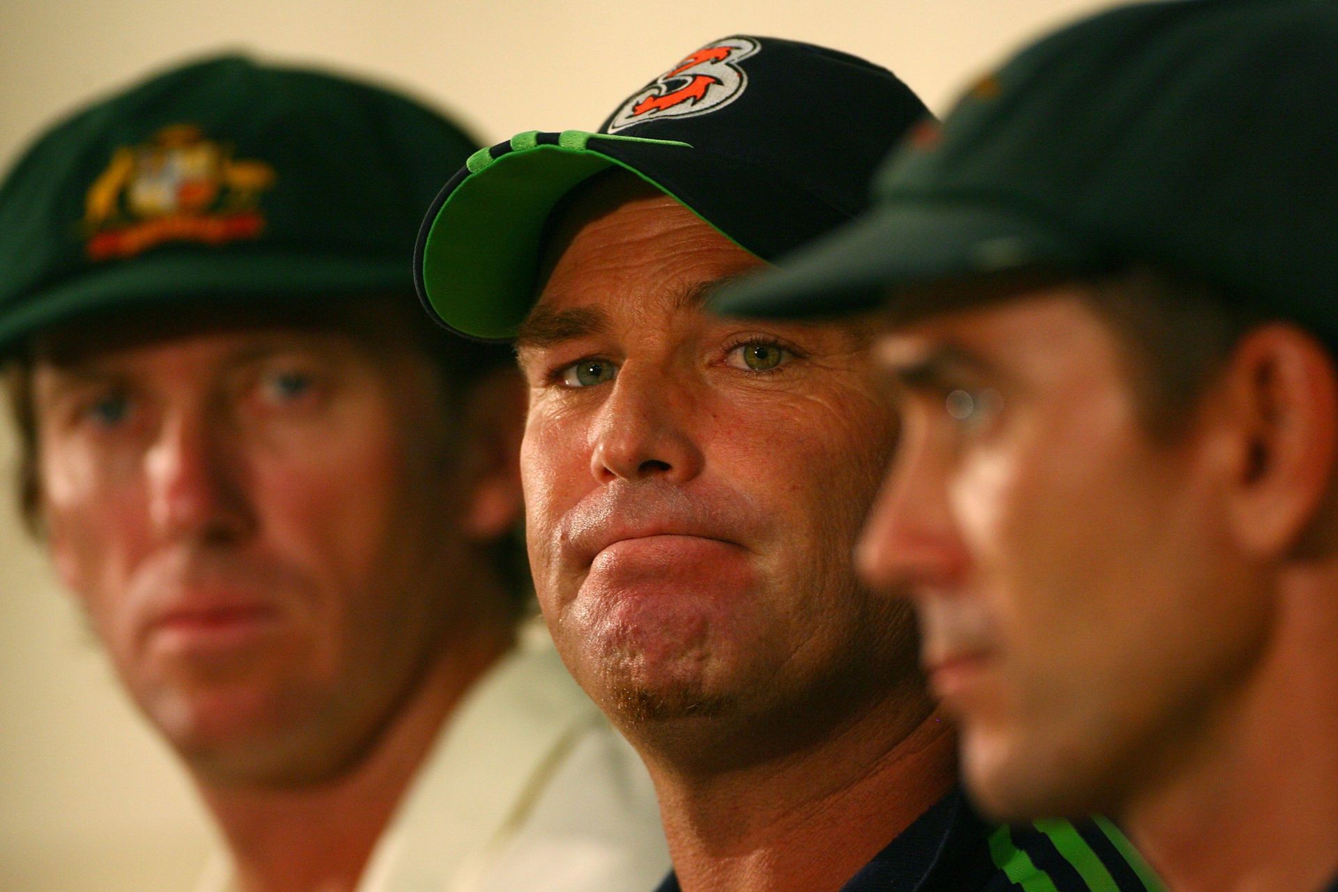 Australia's three retirees (L-R) Glenn McGrath, Shane Warne and Justin Langer meet the media after day four of the fifth Ashes Test Match at the SCG in January 2007. Pic: Getty Images