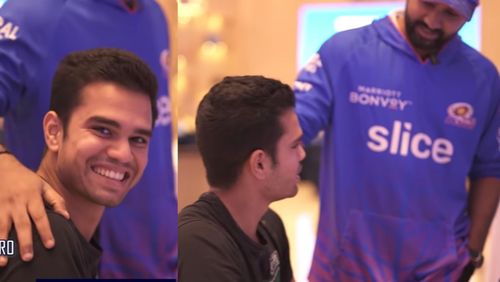 Mumbai Indians captain Rohit Sharma interacts with Arjun Tendulkar.