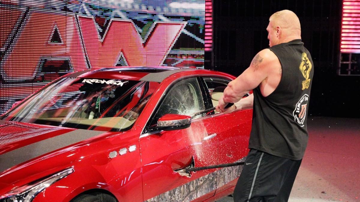 Brock Lesnar smashing Seth Rollins' Cadillac