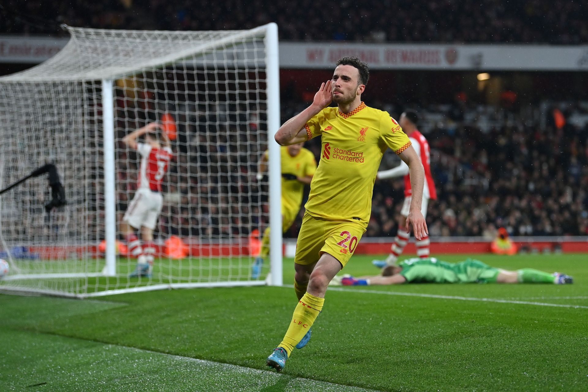 Jota celebrates after finding the net against Arsenal