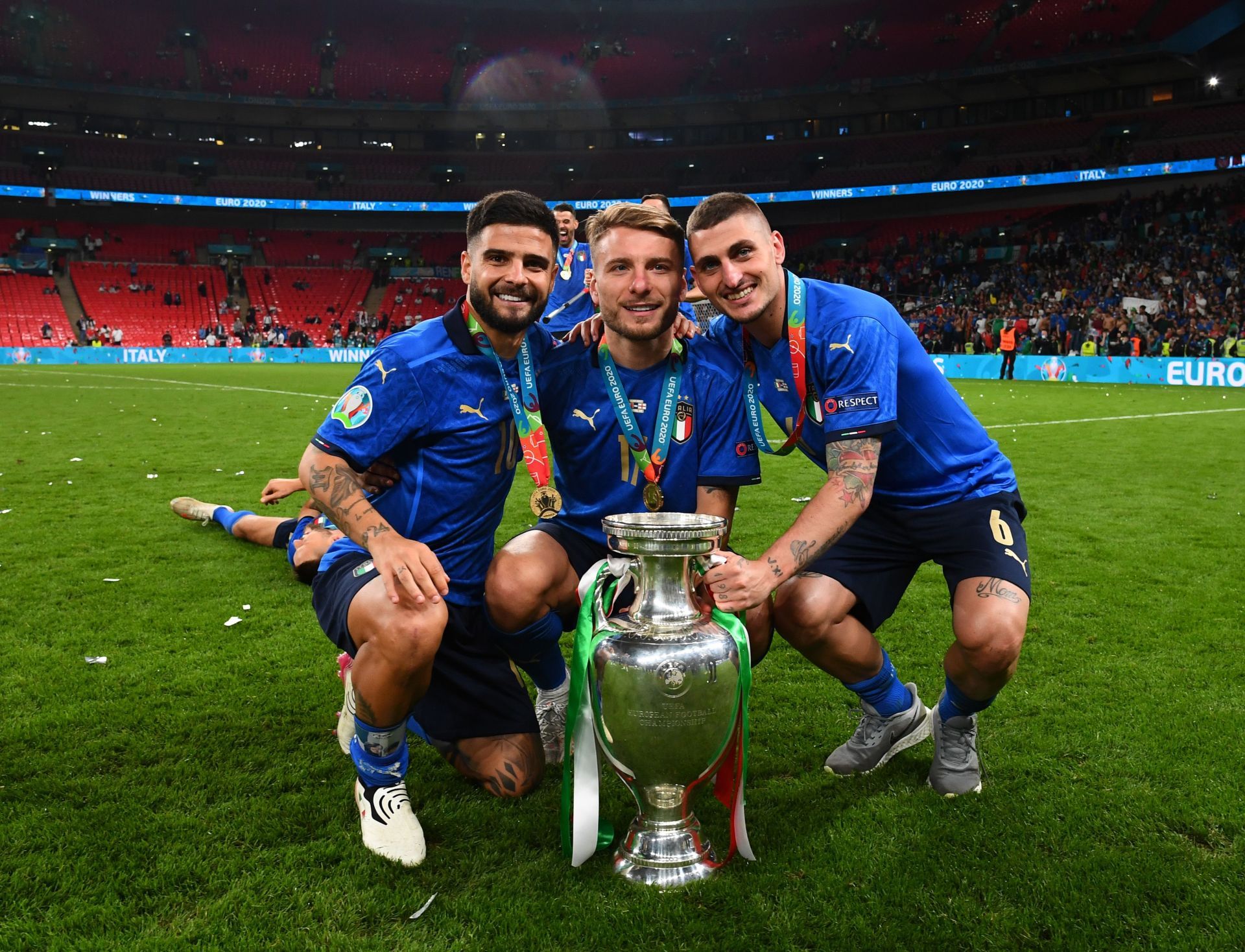 Lorenzo Insigne, Ciro Immobile and Marco Verratti of Italy