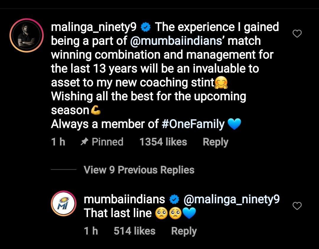 The interaction between Lasith Malinga and Mumbai Indians through their Instagram handles