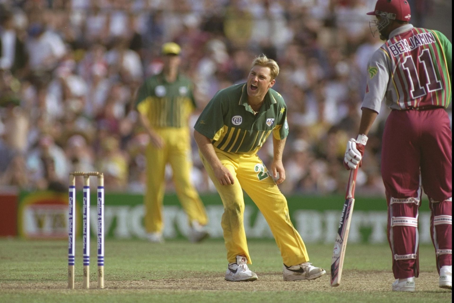 Shane Warne’s appeals were as convincing as his deliveries. Here he pleads for a wicket during an ODI against West Indies at Sydney in 1996. Pic: Getty Images