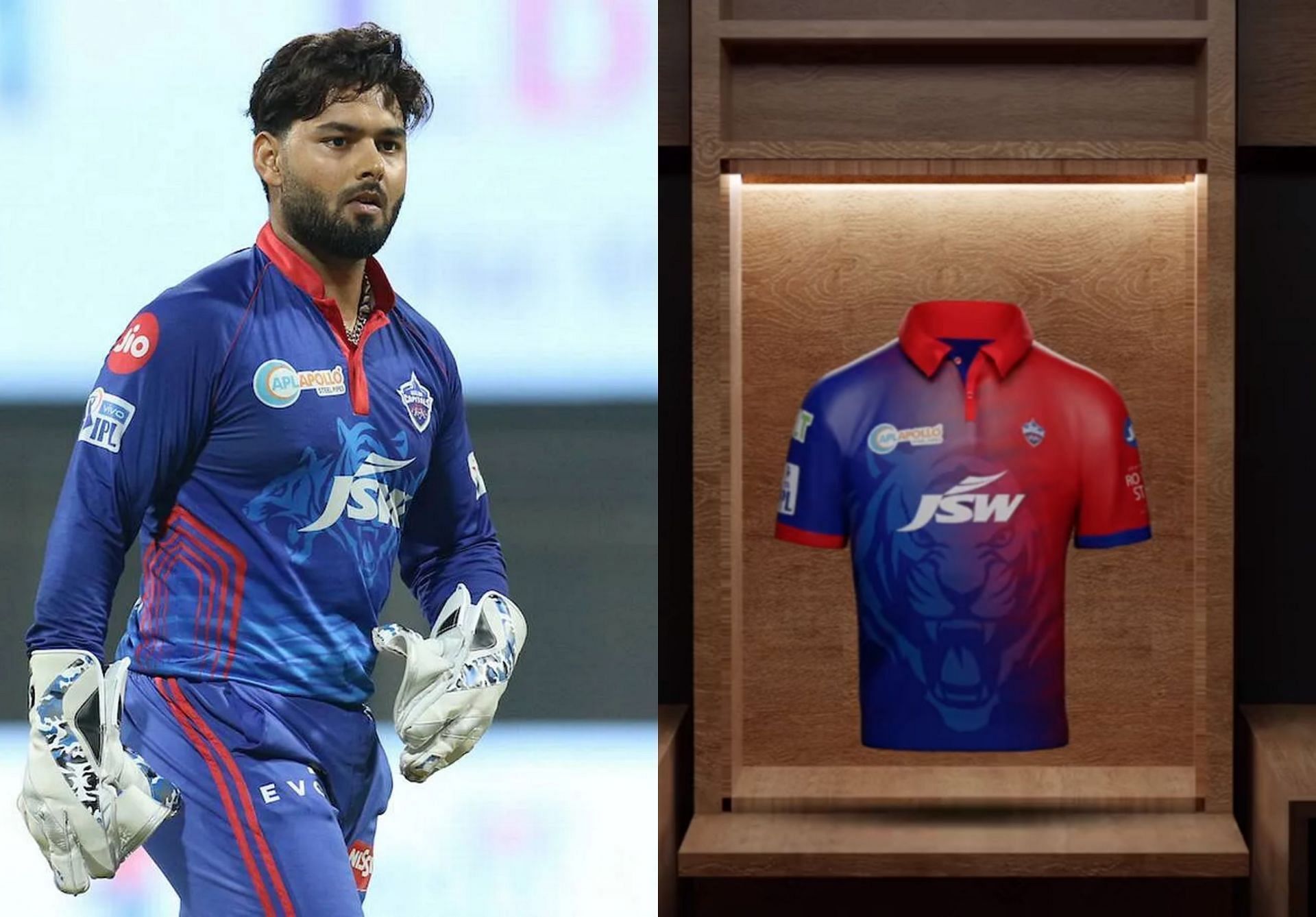 Rishabh Pant (left) and Delhi Capitals&#039; latest jersey (right)