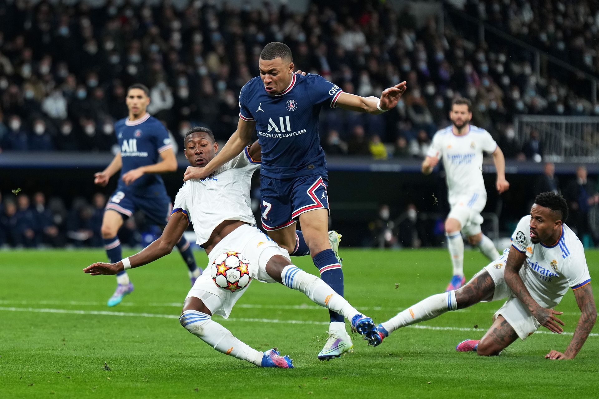 David Alaba (left) and Eder Militao (right) struggled to keep tabs on PSG&#039;s Kylian Mbappe.