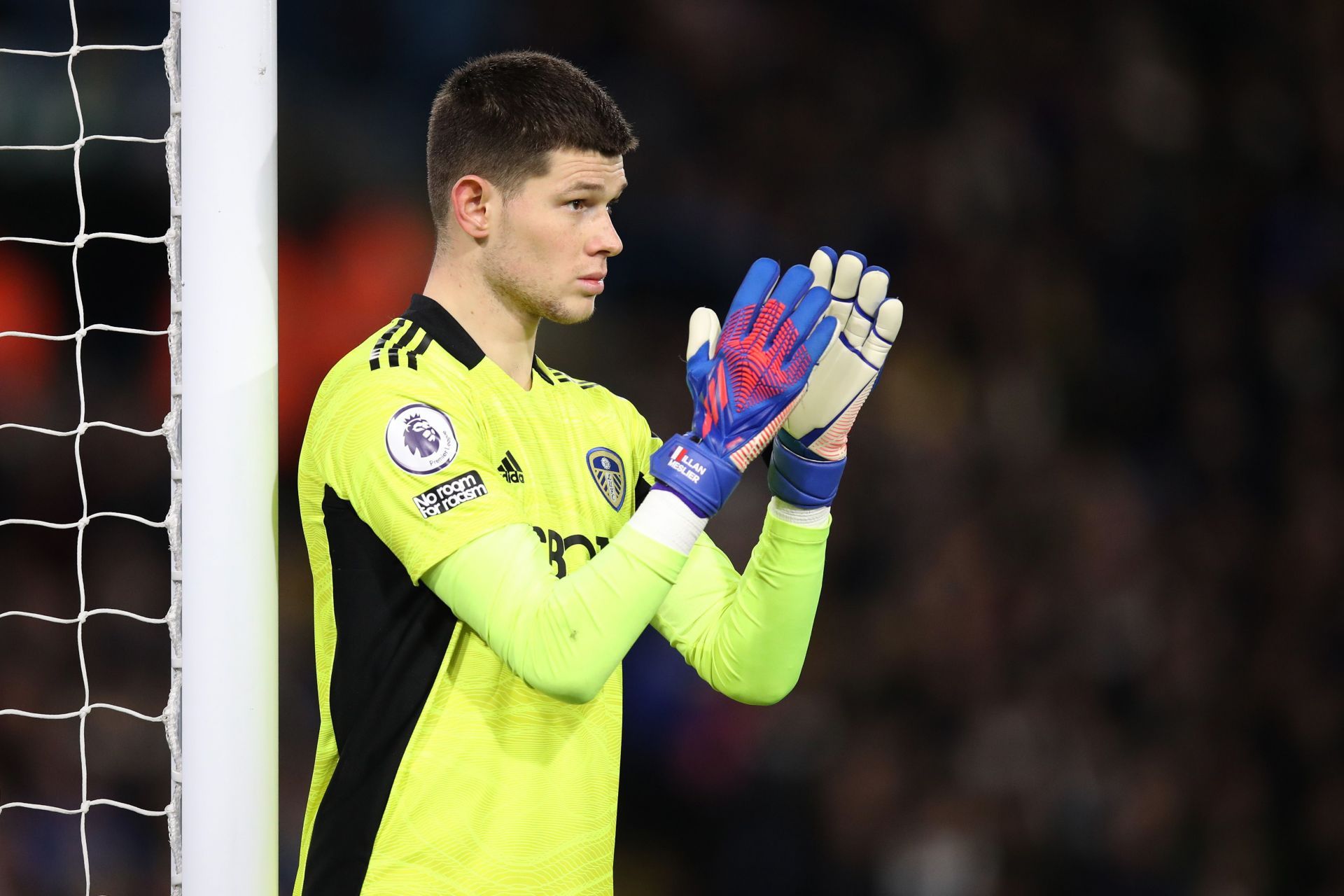 Illan Meslier during the Leeds vs Aston Villa Premier League game