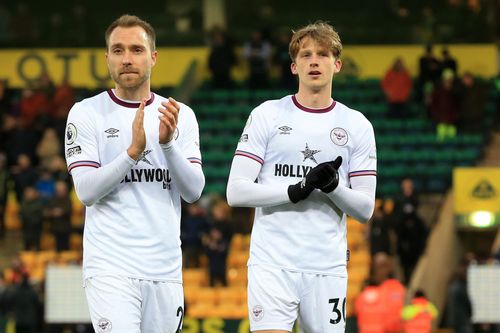 Christian Eriksen and Mads Roerslev of Brentford