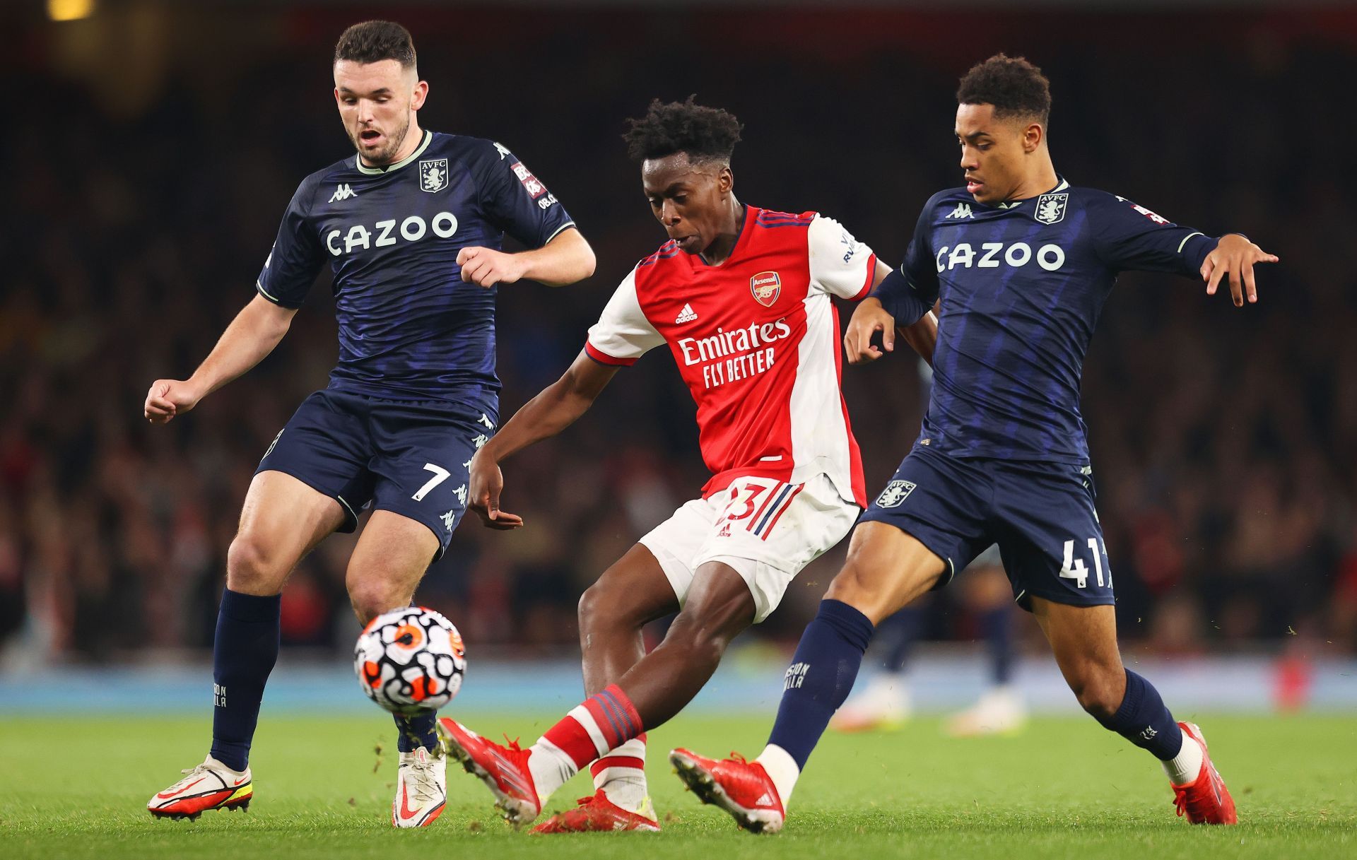 John McGinn and Jacob Ramsey tackling Arsenal&#039;s Albert Lokonga (middle) during an EPL game in October