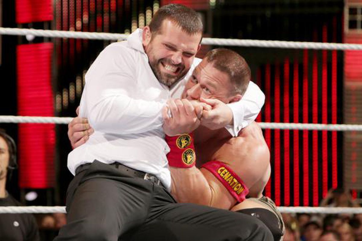 Jamie Noble wrestles John Cena during his time as part of J&J Security