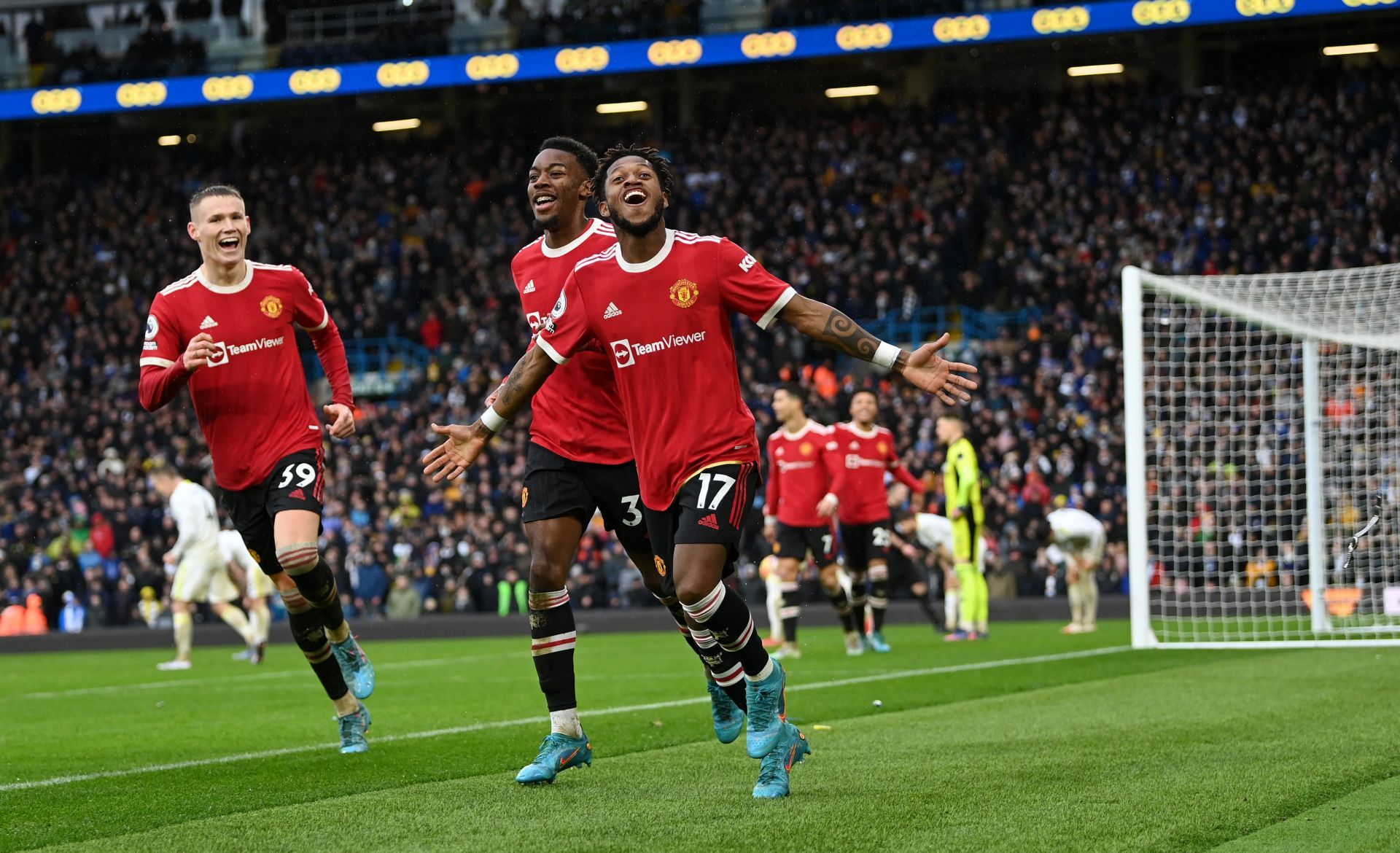 Fred celebrating a goal for Manchester United against Leeds