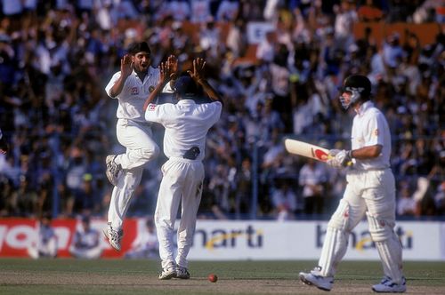 Harbhajan Singh celebrates taking the wicket of Ricky Ponting during the 2001 Kolkata Test. Pic: Getty Images