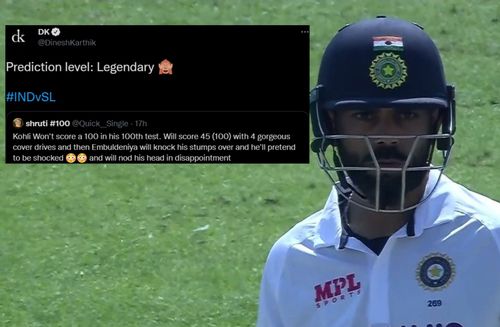 Dinesh Karthik reacts after a fan accurately predicts Virat Kohli's score, dismissal mode.