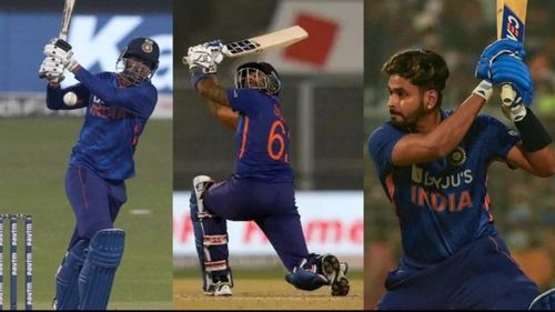 Venkatesh Iyer (L), Suryakumar Yadav and Shreyas Iyer (R) in action for India. (P.C.: Twitter)