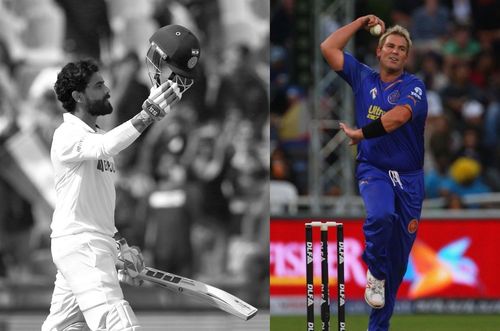 Ravindra Jadeja (left) and (right) Shane Warne bowling during the IPL.