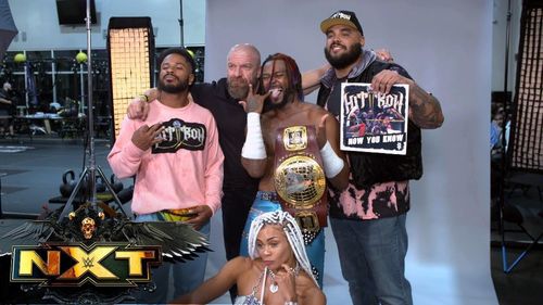 Hit Row + Triple H celebrating Scott winning NXT North American Championship, 2021