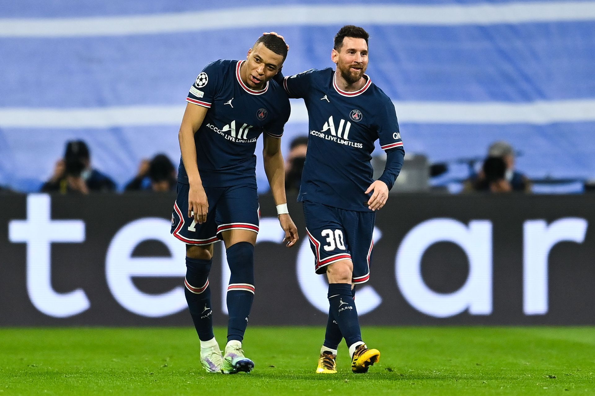 Kylian Mbappe and Lionel Messi of Paris Saint-Germain