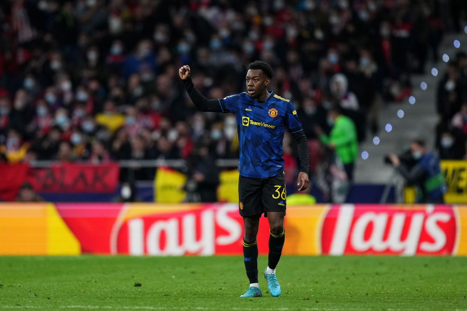 Anthony Elanga celebrates his goal against Atletico Madrid in Round Of Sixteen Leg One - UEFA Champions League