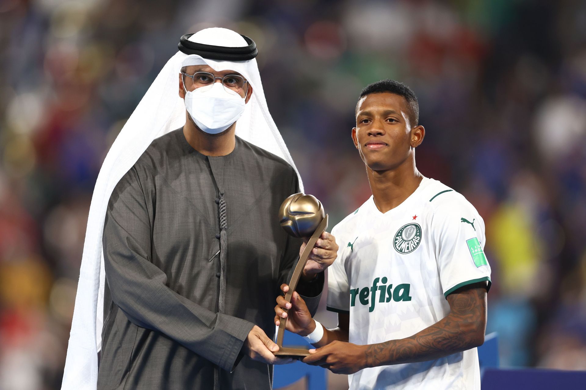 Danilo of Palmeiras is presented with the Adidas Bronze Ball Award after the FIFA Club World Cup UAE 2021 Final match