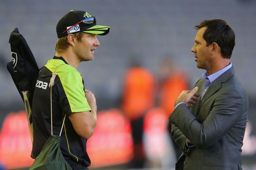 Shane Watson (left) and Ricky Ponting interact during a BBL season. Pic: Getty Images