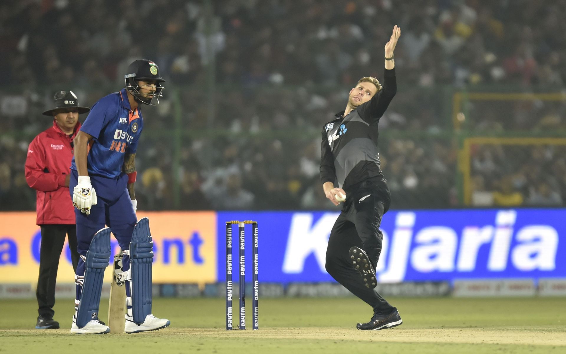 Lockie Ferguson bowling against India. Pic: Getty Images