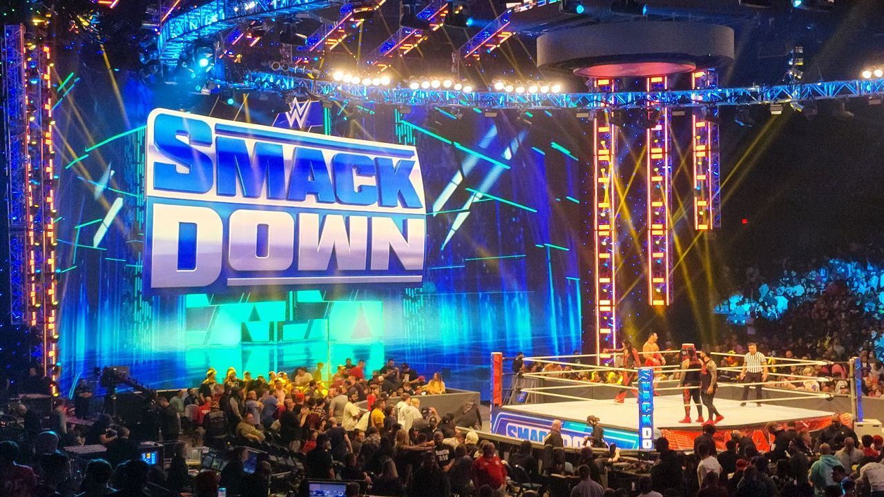 WWE stars competing with the SmackDown logo in the background