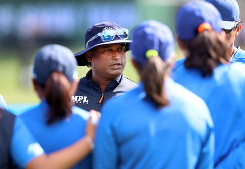 Indian Women's Cricket head coach Ramesh Powar speaks to the team before the 2022 ICC Women's Cricket World Cup match between India and South Africa. Pic: Getty Images