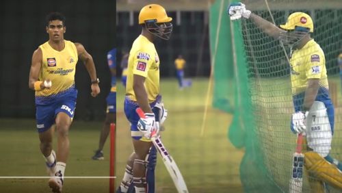 Rajvardhan Hangargekar and MS Dhoni in CSK nets.