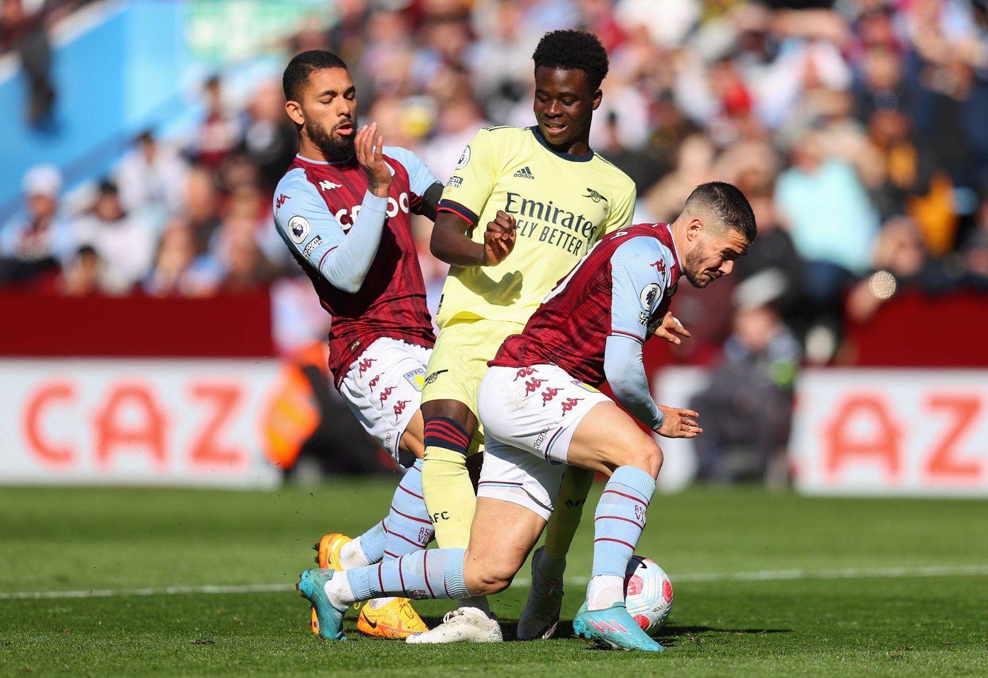 Saka (centre) has been targeted throughout the season.